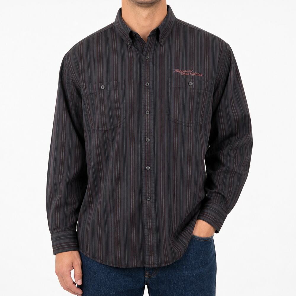Harley Davidson Shirt Mens XL Black Striped Embroidered 100% Cotton Button-Down